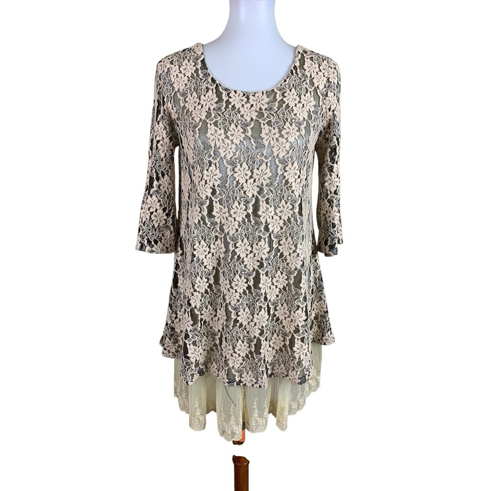 Lady Noiz Lace Overlay Boho Tunic Dress Cream Black Small